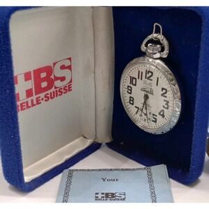 Belle-Suisse Pocket Watch 17 Jewels Shock Absorber "Belle" Train Motif Vtg Box